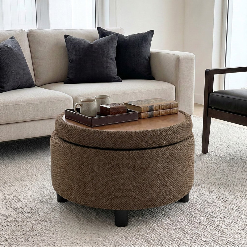 64 cm Round Coffee Table with Storage Tufted Ottoman Upholstered Footstool for Living Room Bedroom Entrway, Brown