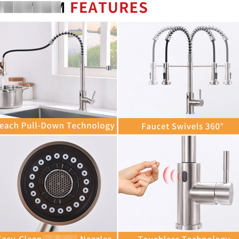 Motion Sensor Activated Kitchen Faucet, Brushed Nickel, Contemporary Temptation, Single Handle, Ceramic Filler, Brass Hands Lure, Sensor,