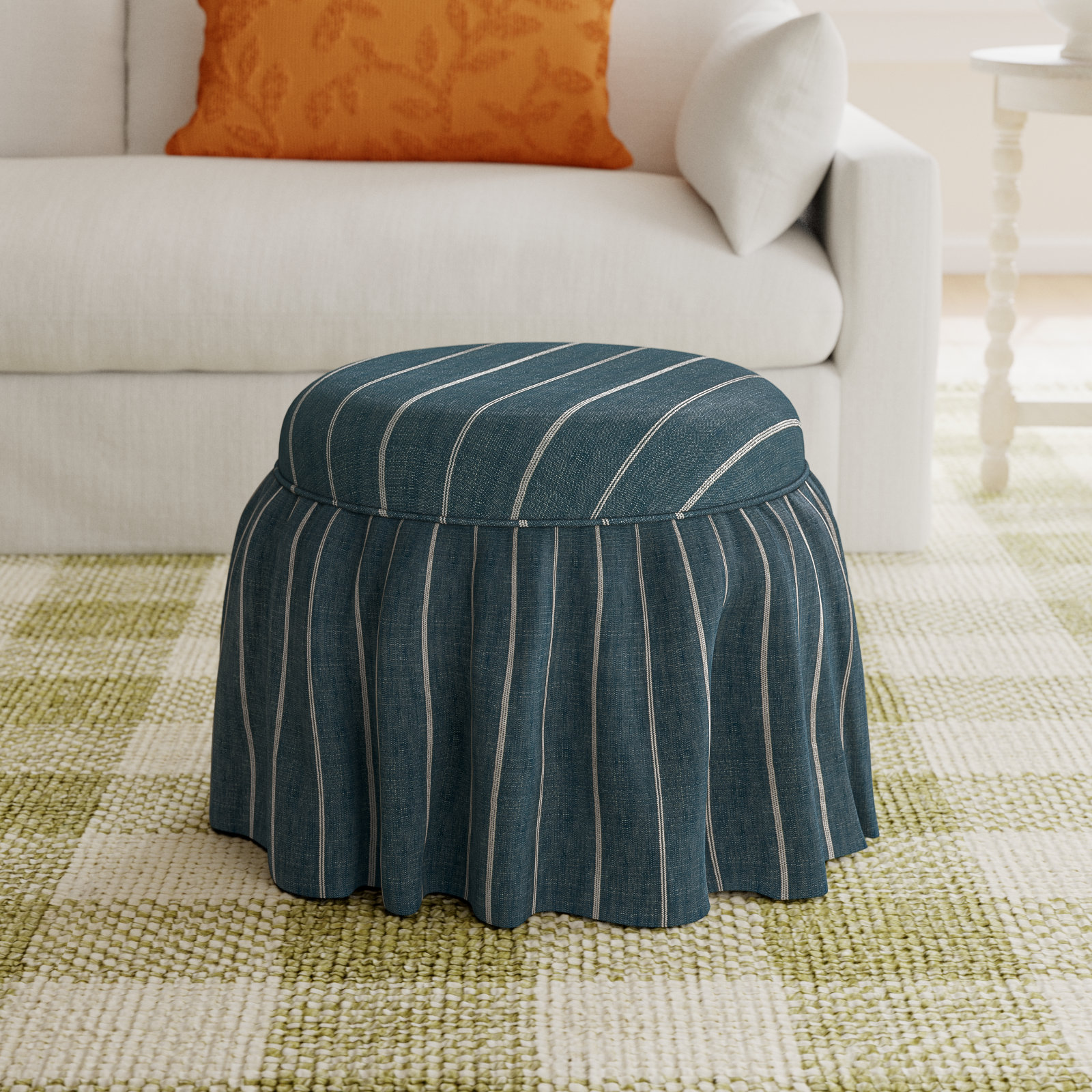 Jebb Upholstered Ottoman, Fritz Indigo Stripe
