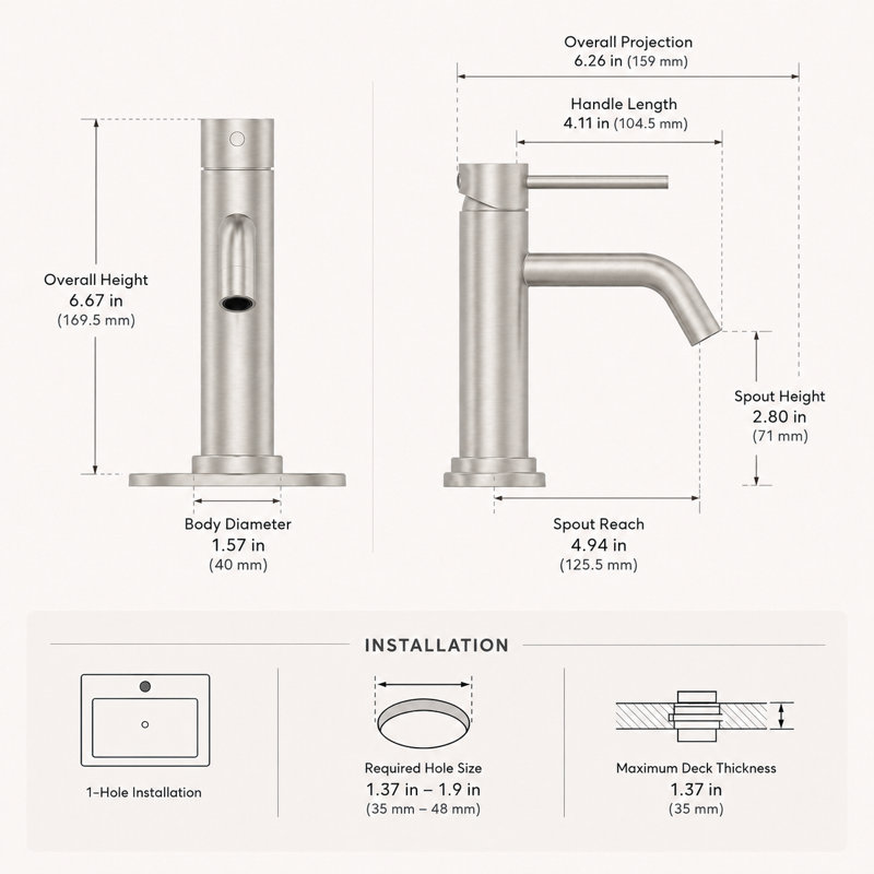 Robinet de lavabo pour salle de bain à un trou, poignée simple avec drain Vega, Nickel brossé