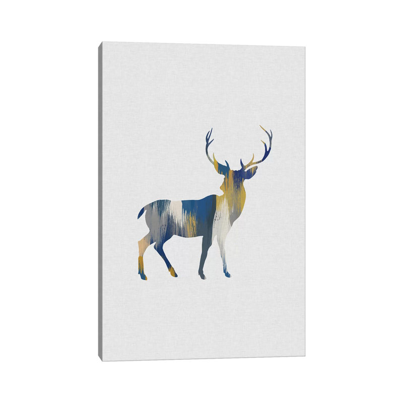Deer Blue & Yellow - Wrapped Canvas Print, 20.32 cm H x 30.48 cm W