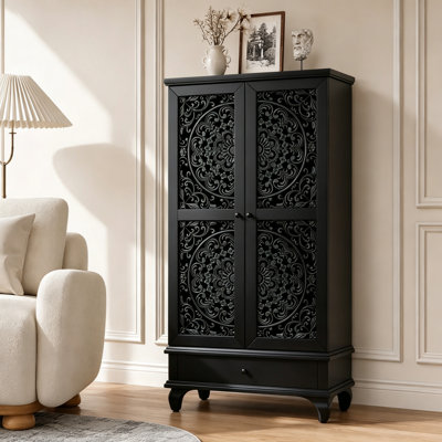 Meuble de rangement décoratif vintage de style ferme, haut de 140 cm, avec 2 portes et un tiroir sculptés de motifs floraux. Meuble d'appoint rétro autoportant avec tablette réglable et pieds en bois massif, idéal pour le salon, l'entrée ou la salle à manger. Couleur : noir.