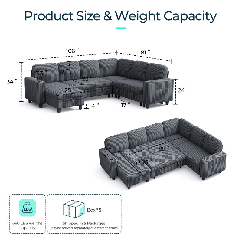 Sherry 106" Convertible Plush Corduroy Sleeper Sectional With Storage Chaise & USB Charging, Milo Gray Corduroy