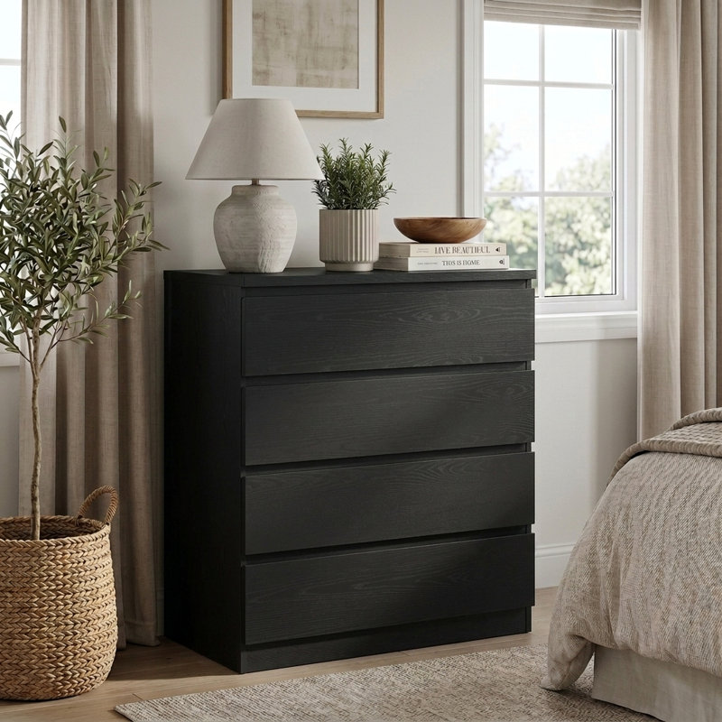 Commode 31,5 po à 4 tiroirs, commode de rangement sans poignées pour chambre à coucher et garde-robe 31,5 po, Noir