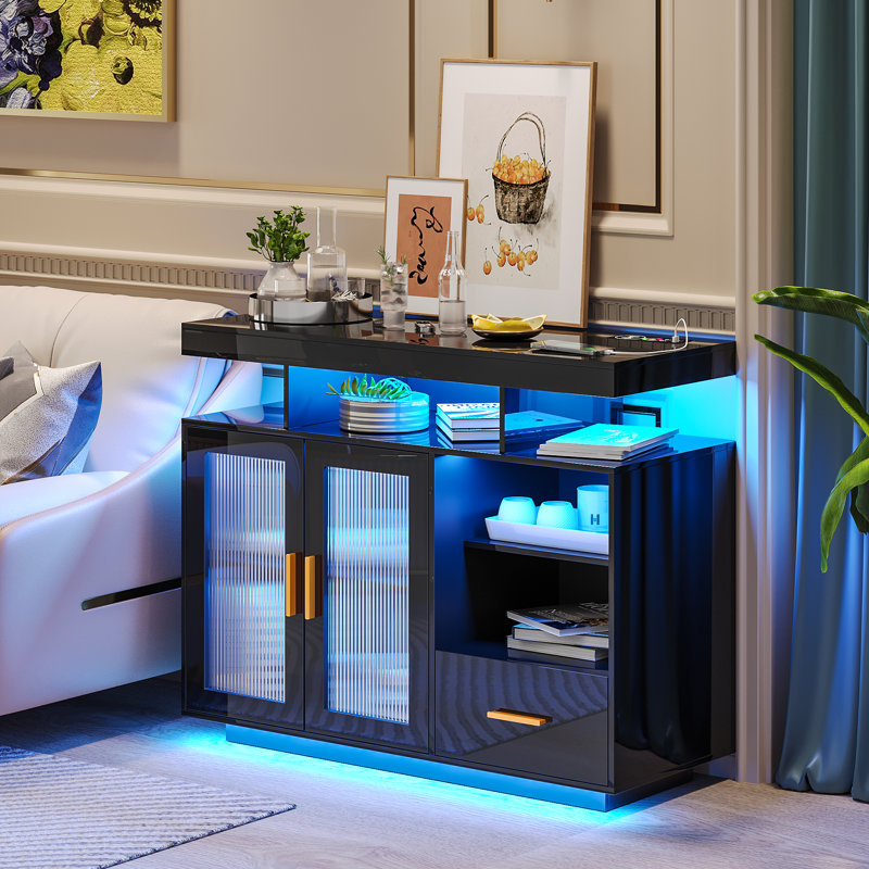 Modern Led Coffee Bar Cabinet and Sideboard with Storage – Ideal For Kitchen, Dining Room Or Living Room, Black