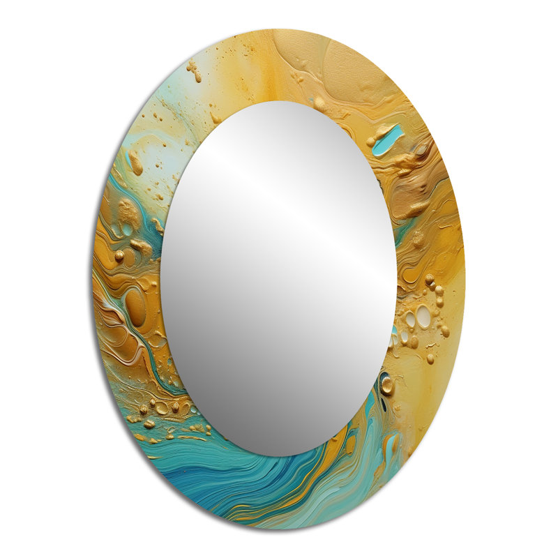 Golden Ocean Waves Turquoise Abstract VI - Modern Oval Wall Mirror, 40" x 30"