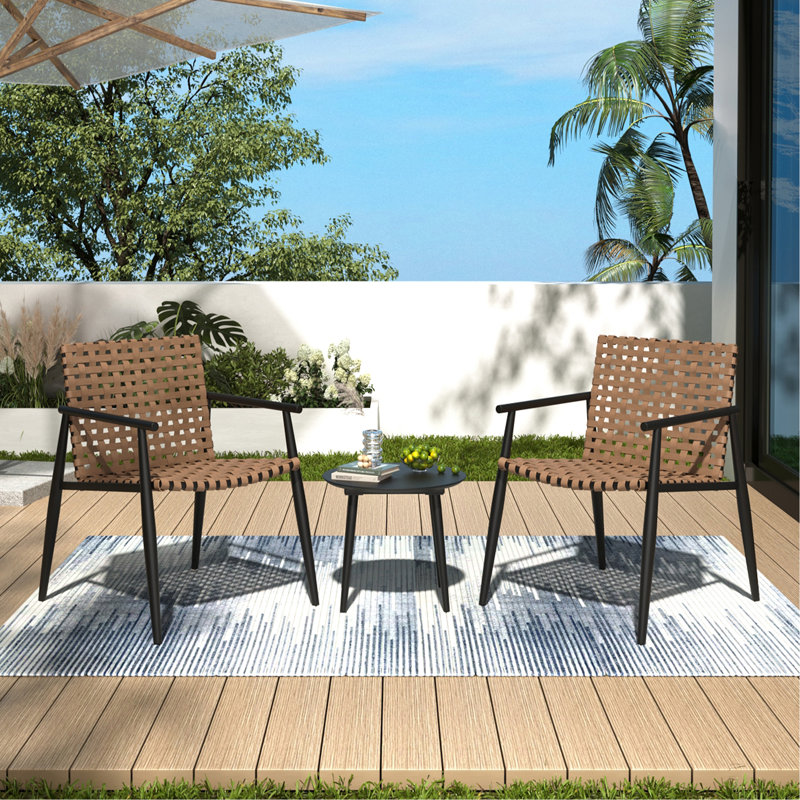 Modern Outdoor Chat Set: 2 PE Rattan Chairs + Black Steel & Tempered Glass Side Table – Durable & Stylish
