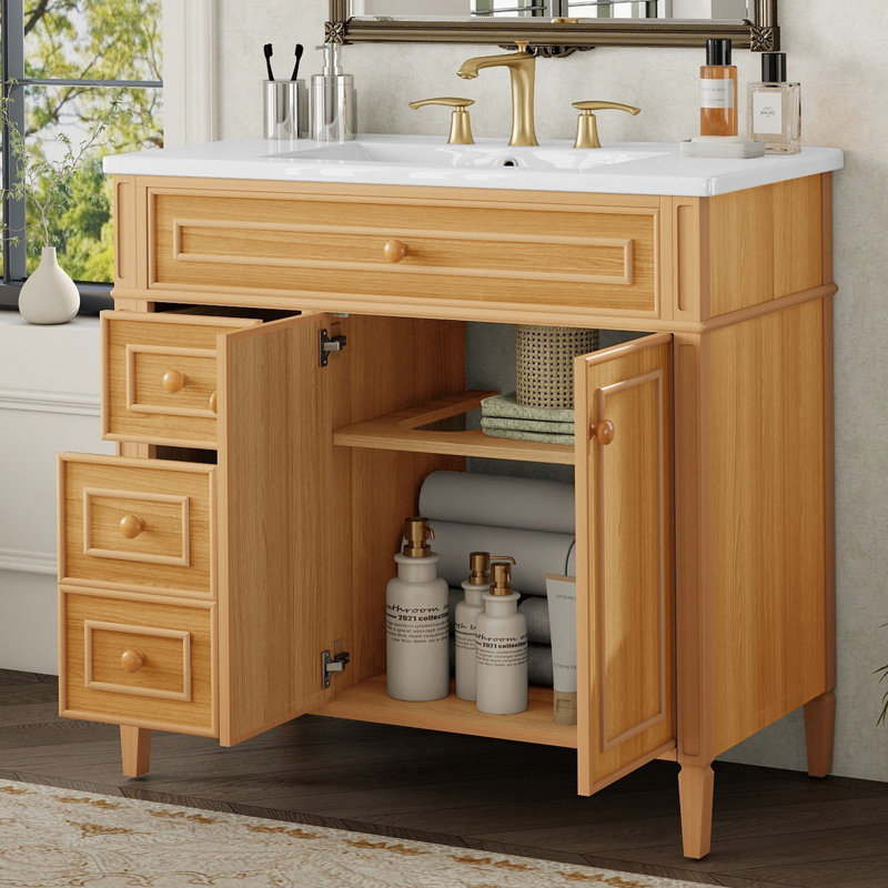 Ensemble de meuble-lavabo simple 36 po avec plateau en céramique Ida, Brun