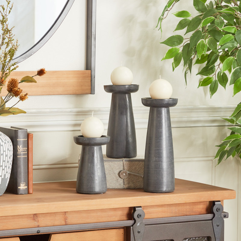 Gray Wood Tabletop Candlestick Set with T-Shaped Base