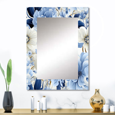 Ingram Floral Blue And White Victorian Pattern - floral Large Wall Mirror, Cottage, Traditional Decorative Mirror, Printed Metal Art