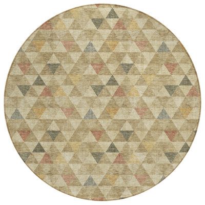 8' Beige Tan And Taupe Round Geometric Washable Indoor Outdoor Area Rug