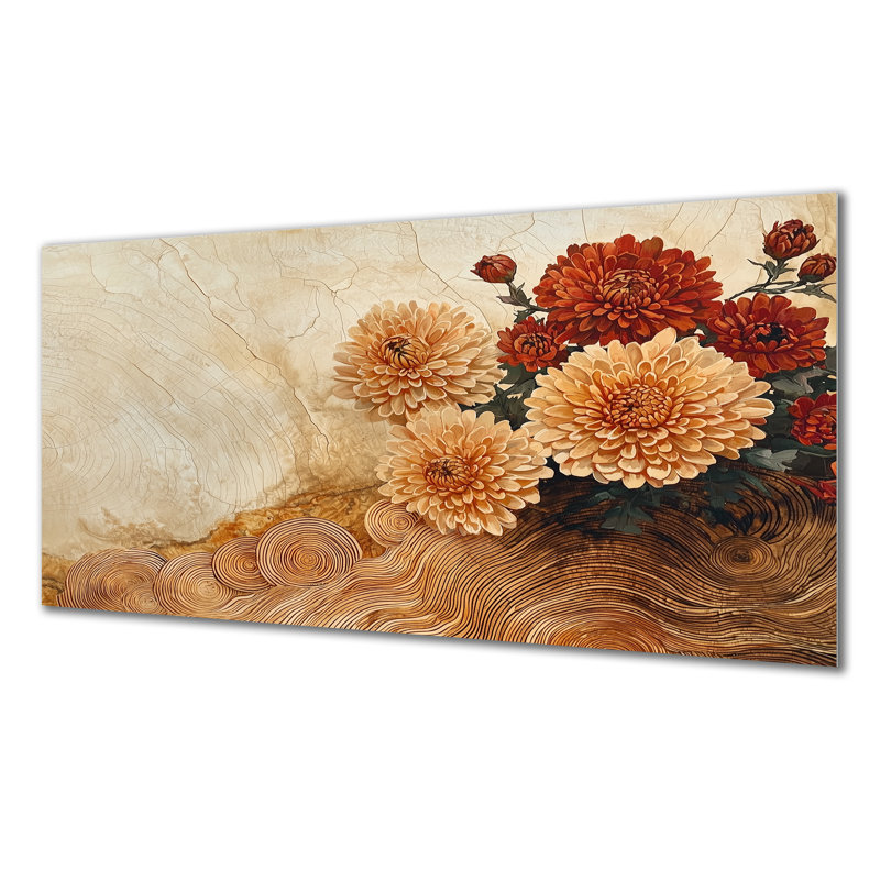 Fleurs d'automne de chrysanthèmes sur un plateau en bois diapositive IV - Art mural en métal chrysanthèmes, H 28 po x l 60 po