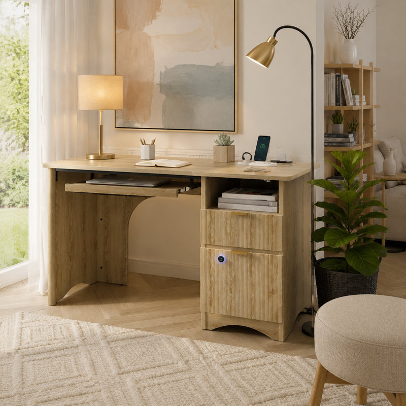 Bureau double caisson cannelé Neeru, Chêne naturel, Oui