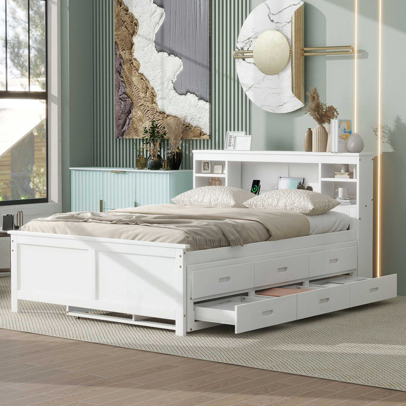 Lit plateforme avec tête de lit avec rangement, Blanc, Double