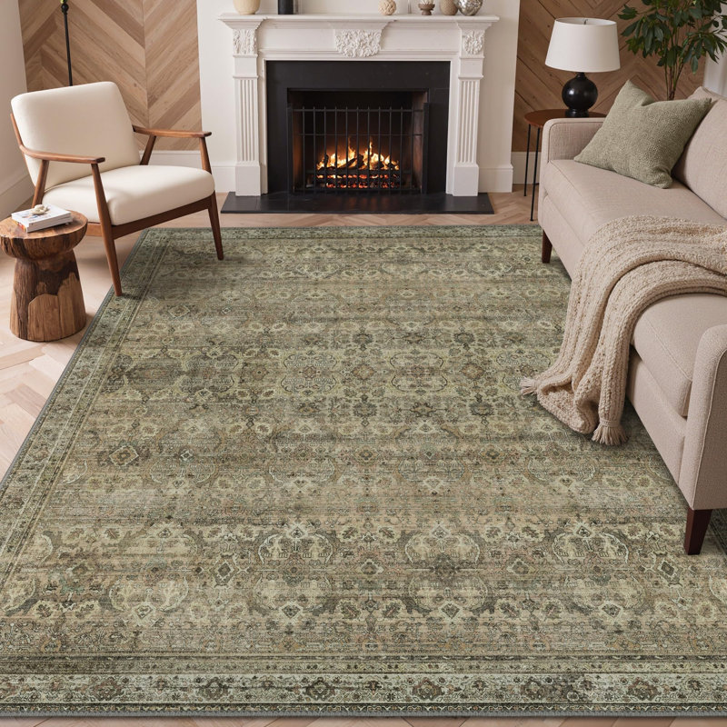 Tapis lavable en machine Vintage Medallion - vert sauge / céladon, Green/Brown/Beige, Rectangle 8' x 10'