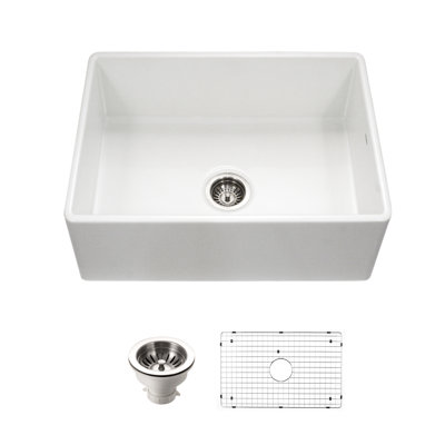 Houzer 30x20 in  Fireclay Apron Front Single Bowl Kitchen Sink w/ Strainer,Grid-PTS-4100 WH-C