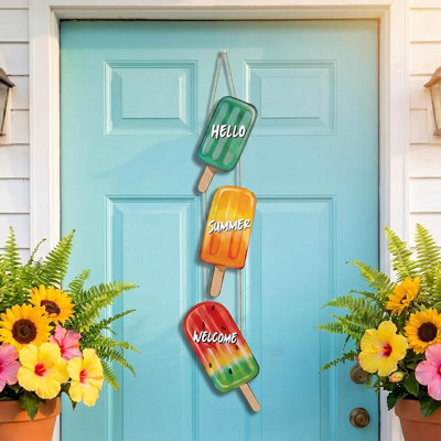 Summer Door Decorations Ice Cream Hanging Sign, Hello Summer Welcome Wooden Wreath Sign, Watercolor Vintage Porch Wall Decor For Front Door Indoor Outdoor