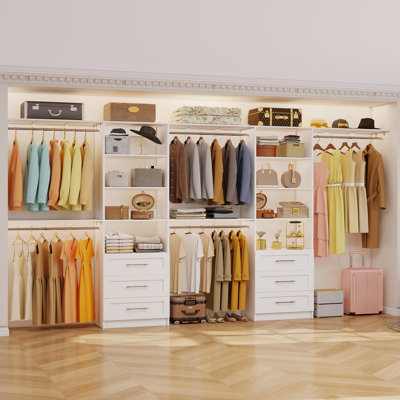 Système d'organisation 72 po à 147,29 po avec 6 tiroirs en bois, 8 tablettes et 8 tringles extensibles pour les garde-robes