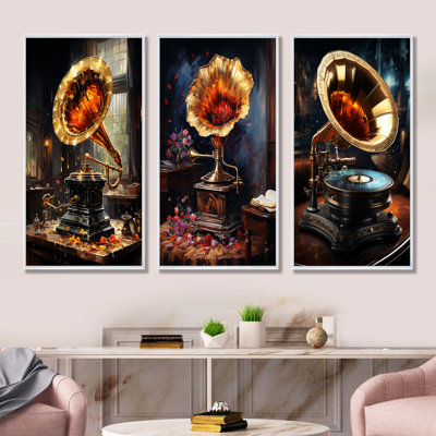 «Gold Phonographs Elegance I», ensemble de 3 reproductions d'art sur toile
