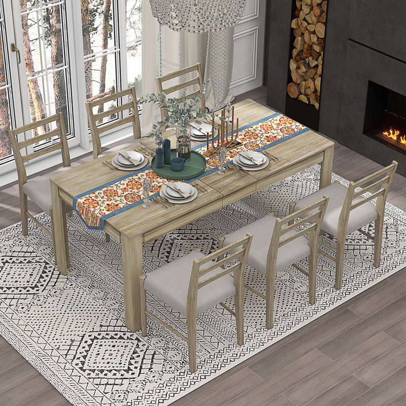 Ensemble de table de salle à manger 7 pièces 7 pièces avec rallonge 12 po et 2 tiroirs, Bois naturel