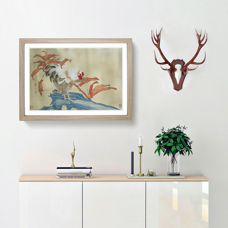 Rooster & Flowers - Picture Frame Graphic Art Print, 40cm H x 60cm W x 2cm D, Oak