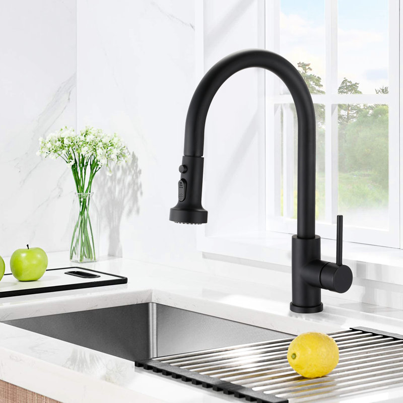 Pull Down Kitchen Faucet Matte Black Stainless Steel - Spot , Rustproof, 360 Rotatable Spout, Push Button For Easy Cleaning With Steel, To Scratches And Rust, Swiveling User- Design