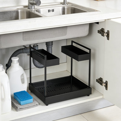 Expandable Under Sink Organizer, 2-Tier Sliding Rack With Adjustable Height, Heavy-Duty Carbon Steel Frame And Smooth Ball-Bearing Slides For Kitchen & Bathroom Cabinet Storage