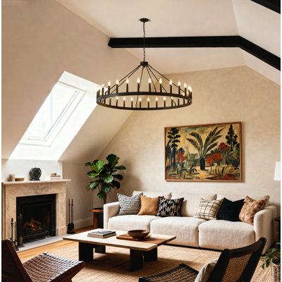 Lustre 30 lumières campagnard rond industriel ouvert avec plafond incliné noir mat
