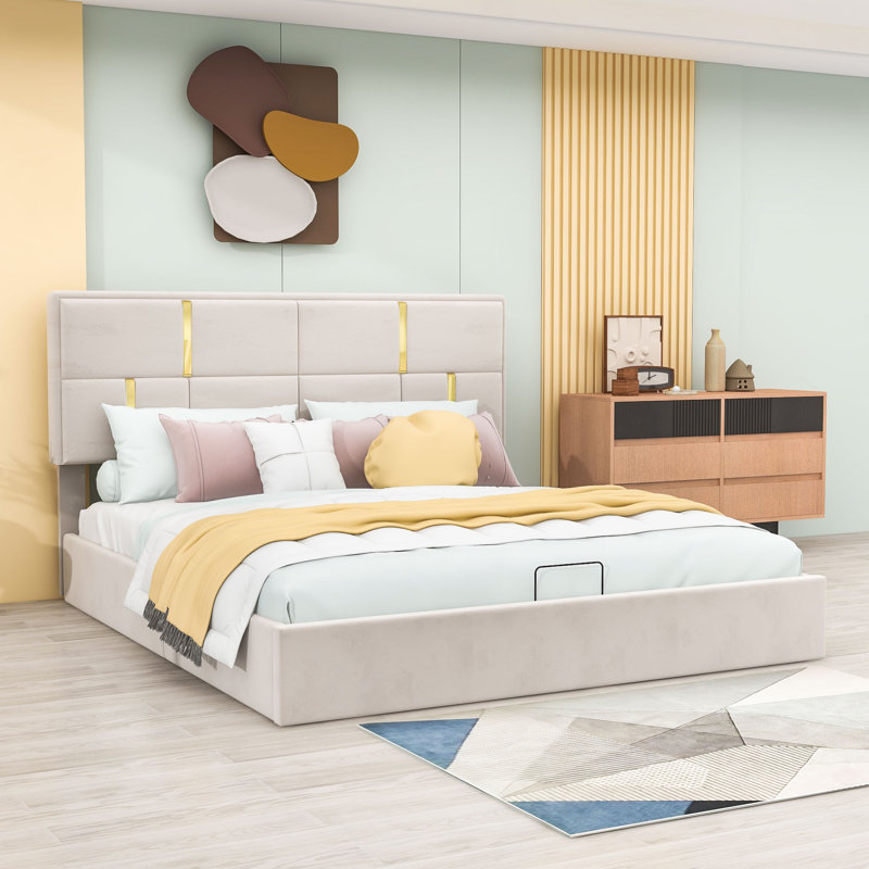 Lit plateforme tapissier avec rangement Hristofer, Grand, Beige