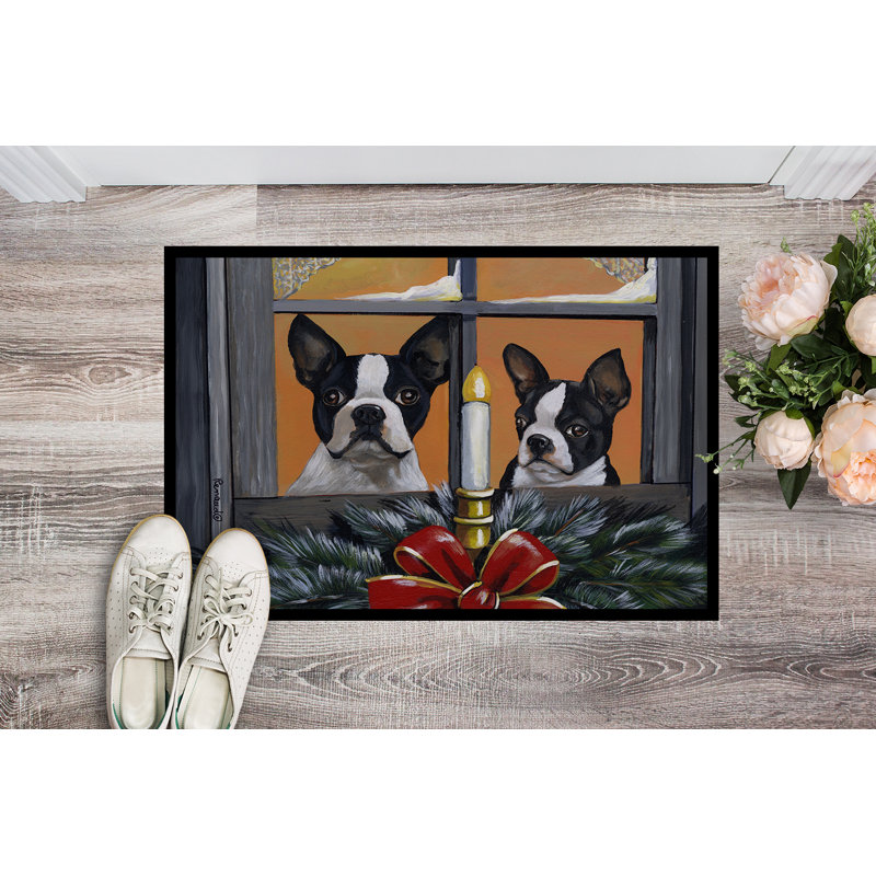 Tapis d'entrée antidérapant Guerriero, Boston terrier à la recherche du Père Noël, L 24 po x L 36 po
