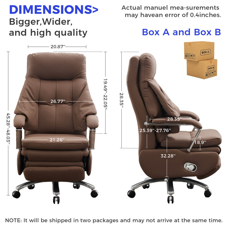 Manual Reclining Executive Ergonomic Office Chair, Big And Tall High Back Home Desk Chair With Footrest And Wheels, Brown