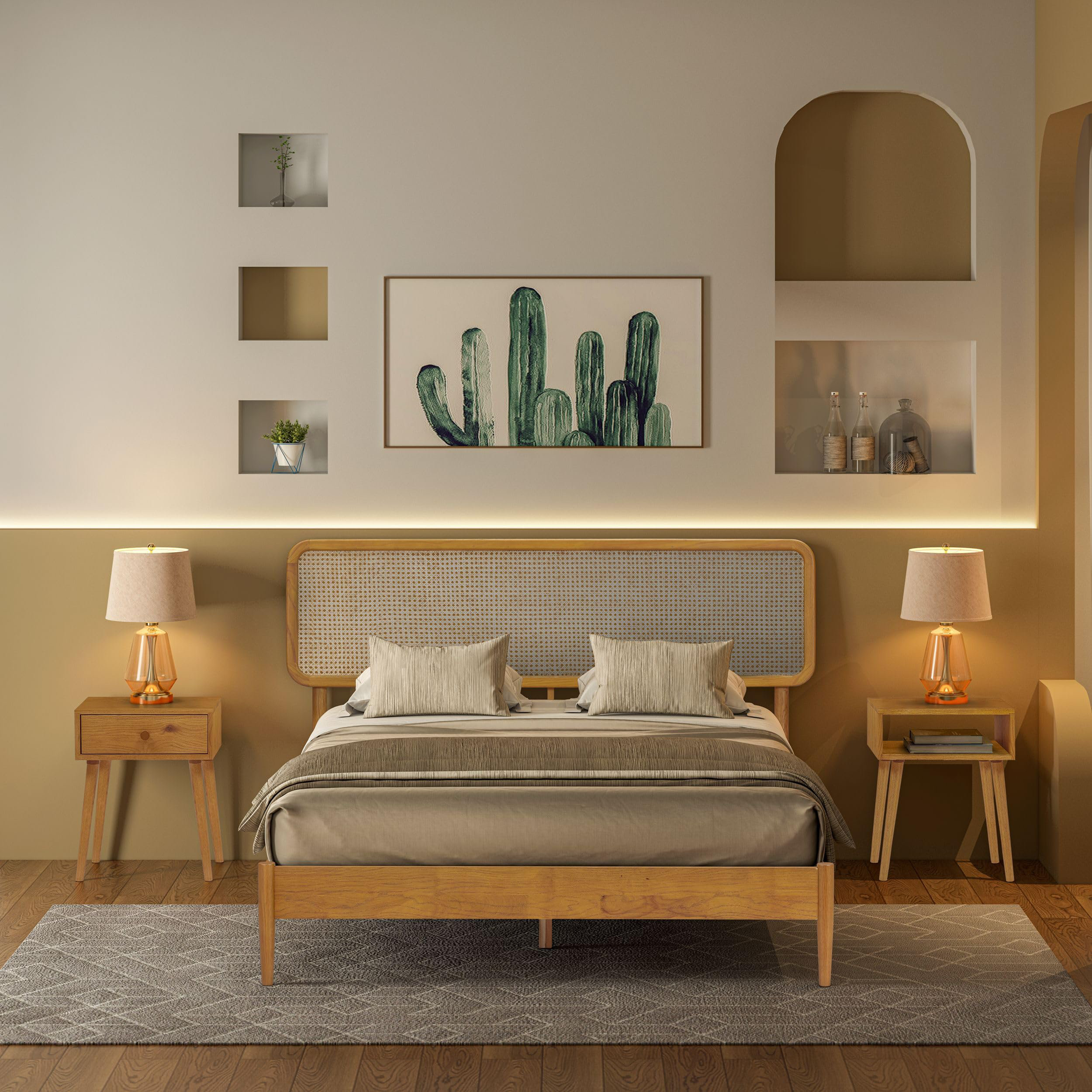 NTC Lupin Wooden Bed Frame with Headboard and Natural Rattan, Solid Oak/Rubber Wood Foundation with Silent Slats, 1000 Lb Capacity, Effortless Assembly