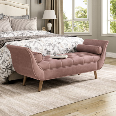 Fin du repose-pieds - Banc rembourré en velours rose avec 2 coussins, accoudoirs roulés, boutons, pieds en bois massif et décoration esthétique pour le salon
