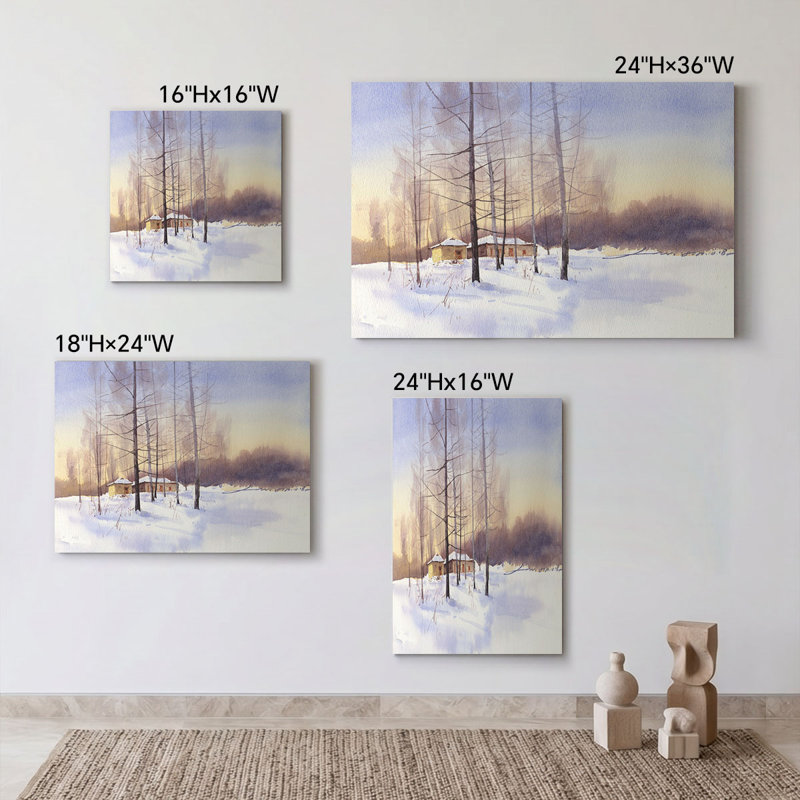 « Arbres dénudés dans un champ enneigé », aquarelle minimaliste d'hiver, impression murale sur toile épaisse avec cadre en pin