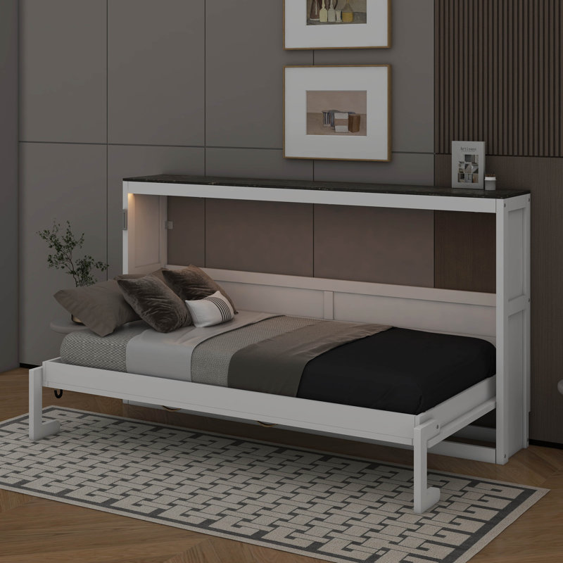 Lit escamotable simple avec lumière DEL, peut être plié dans une armoire, Blanc / Brun