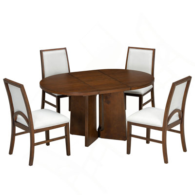 Solid Wood Round Dining Table Set for 4, Extendable Kitchen Table Set with 4 Upholstered Dining Chairs and 16inch Removable Leaf for Dining Room, Livi