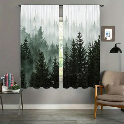 2Pcs Forest Mist Curtains, Green Pine Tree Foggy Landscape Nature Scenery  Light Filtering Curtain For living bedroom Kitchen Rod Pocket Window Drapes