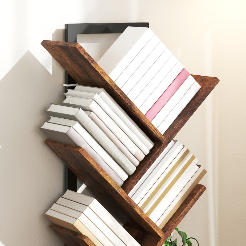 Four-Section 50*24*82 cm MDF 1 Piece Tree Bookcase Rustic Brown Media Storage