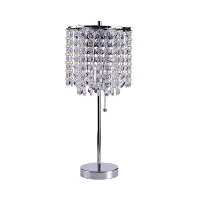 Lampe de table 20,25 po en métal argenté avec abat-jour en cristal et interrupteur à tirette