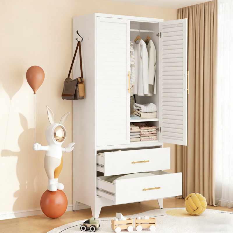 Armoire-penderie Mikenlee 71″ en métal blanc avec tiroirs – Solution de rangement gain de place pour les appartements et les chambres d'amis
