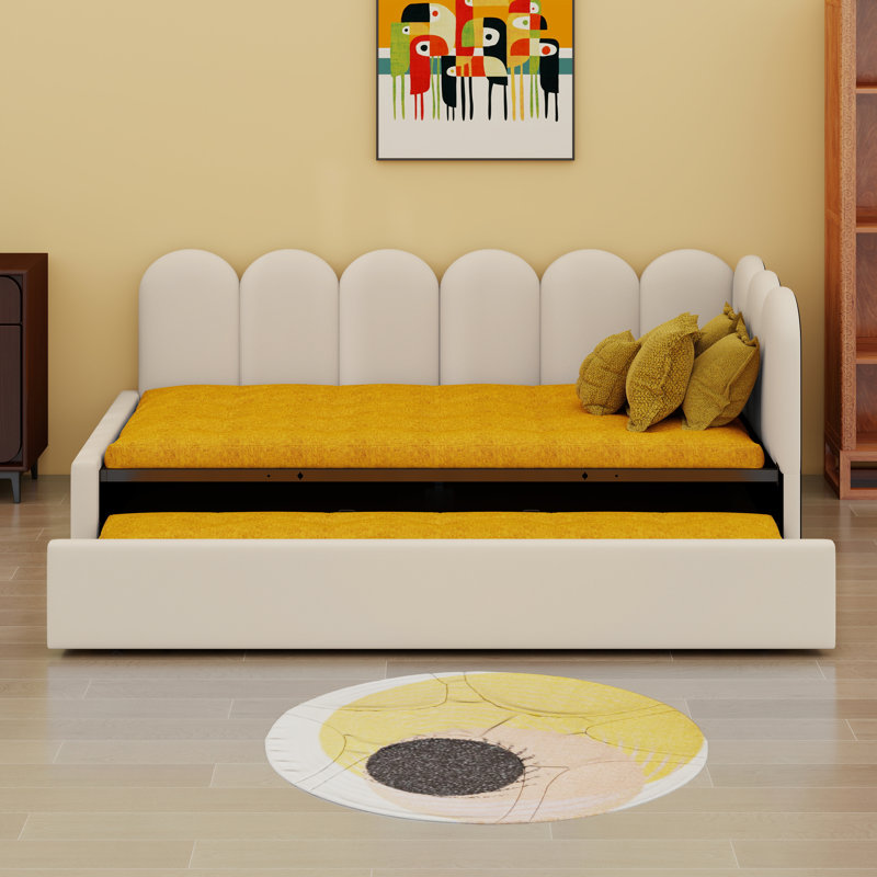 Velvet Upholstered Daybed L-Shaped Corner Bed With Trundle With Brakes And Stoppers, Beige