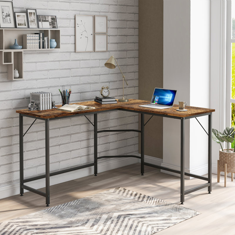 Humberto L-Shaped Metal Base Writing Desk, Black, Brown