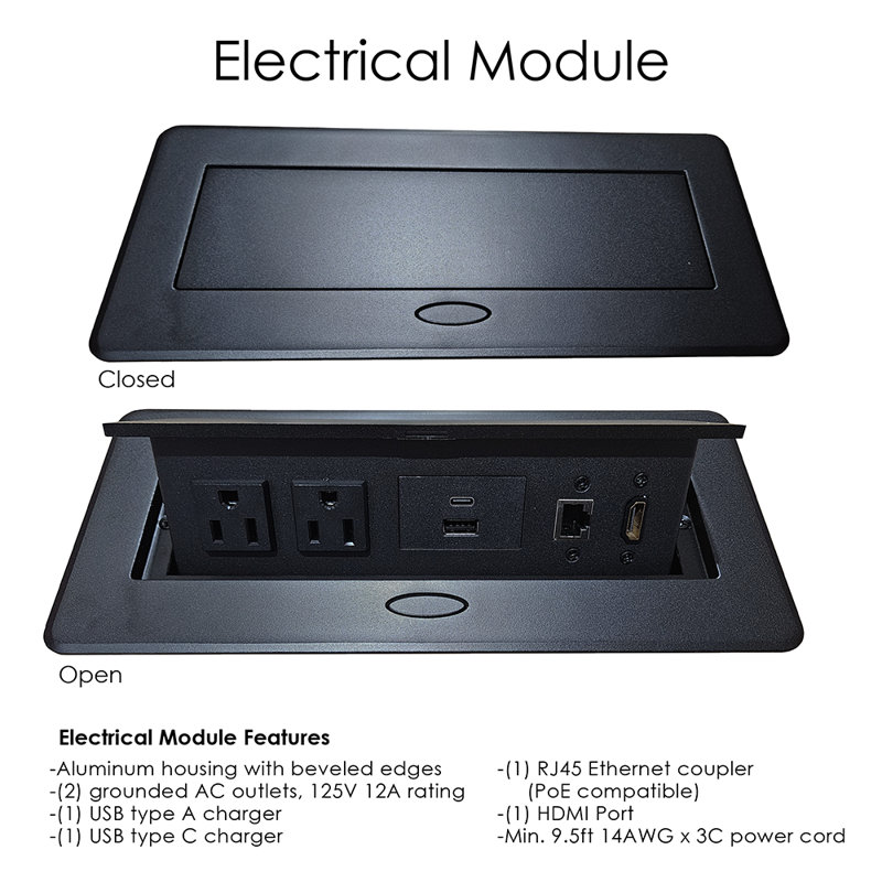 Table de conférence Pavert Arc Unité électrique, Noir mat, Blanc classique, H 30 po x l 144 po x P 48 po