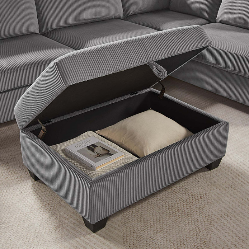 107"W Corduroy Fabric Sectional Sofa With Right Facing Chaise, USB & USB-C Charging Port, Storage Ottoman, And Pillows