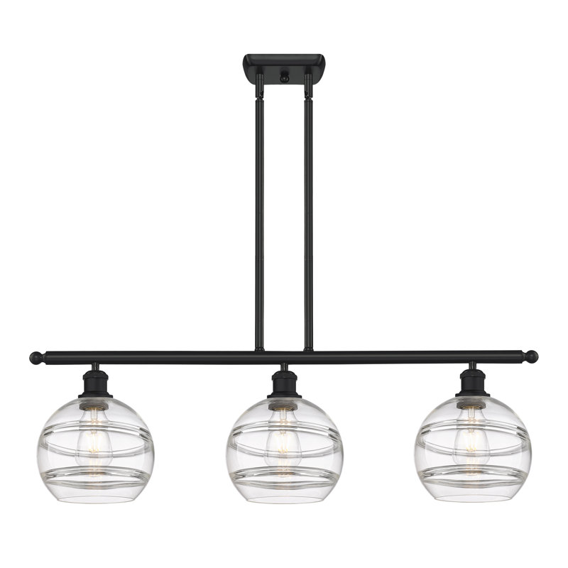 Luminaire suspendu pour îlot de cuisine à 3 lumières Chartoff, Transparent, Noir mat