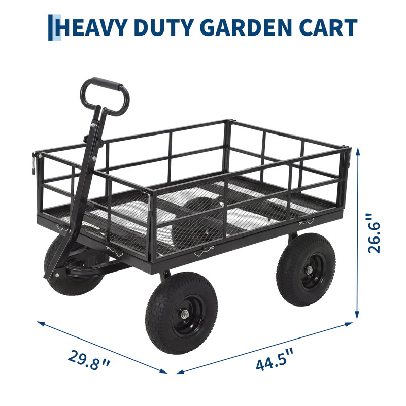 Chariot de jardin en acier robuste - capacité de charge de 950 lb - pneus de 10 po - poignée rotative à 180 ° - attelage de VTT / tracteur - cadre noir avec poignée jaune et moyeu