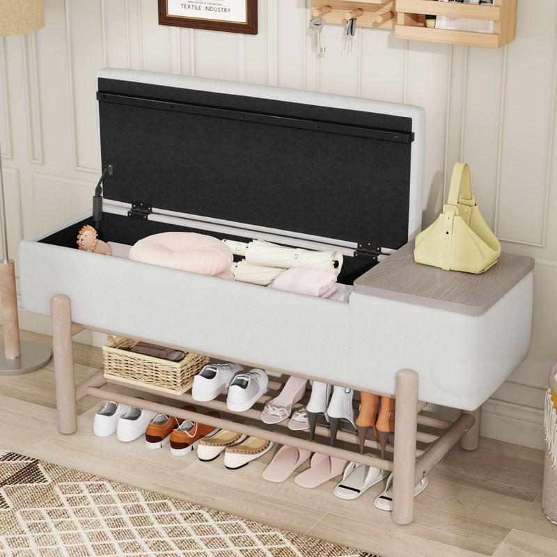 Banc de rangement rembourré avec compartiment caché, Naturel