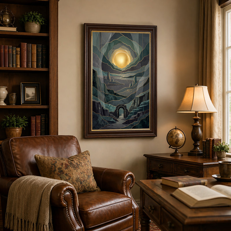 «Stone Archway Under Golden Orb In Layered Teal Landscape», art mural sur toile, 18"H x 12"W