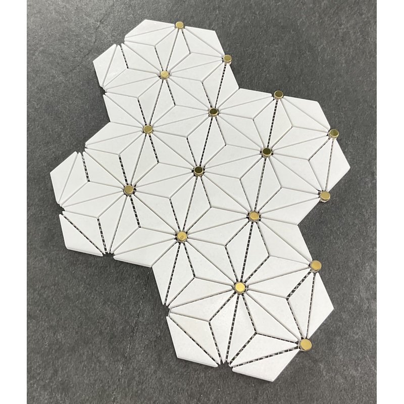 Thassos White Hexagon Marble With Gold Accents Mosaic Wall And Floor Tile, White