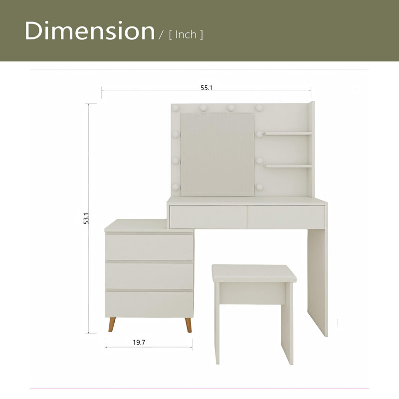 LED Lighted Makeup Vanity Table With Mirror - White Beauty Station With Storage Drawers, Matching Stool